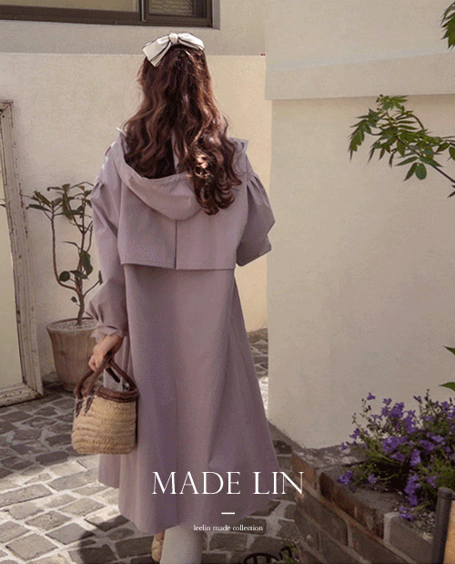 leelin-[MADE LIN[라벤더 컬러] 봄러블리 핀턱소매 후드 트렌치코트[size:F(55~66반)]]♡韓國女裝外套