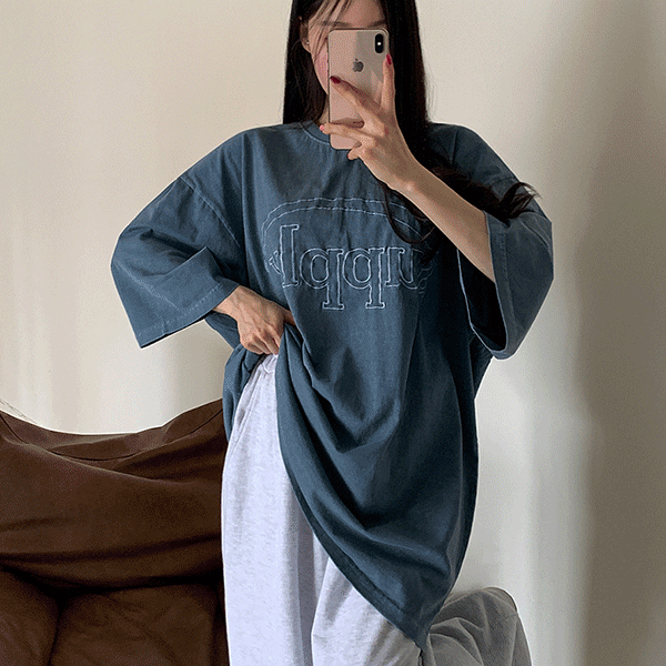 bonzishop - [남녀공용,오버핏,빅사이즈,통통,77-88] 자수 서플라이 피그먼트 박시핏 반팔 티셔츠 - t [무료배송]♡韓國女裝上衣